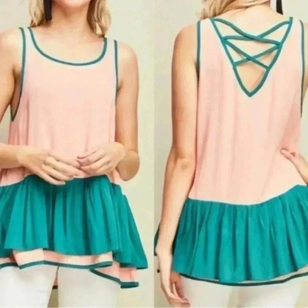 Entro Katie Scoop‎ Neck Tiered Top Teal Gauze Pink Strappy Back New Size S
